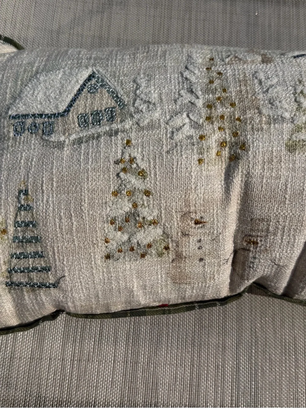Rachel Ashwell Snowy Village Scene Green Plaid Trim Decorative Pillow  Charming